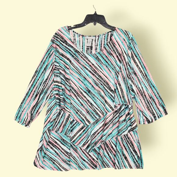 Catherines Top Womens 3X Geometric Stripes Layered Colorful 3/4 Sleeve - Picture 1 of 8